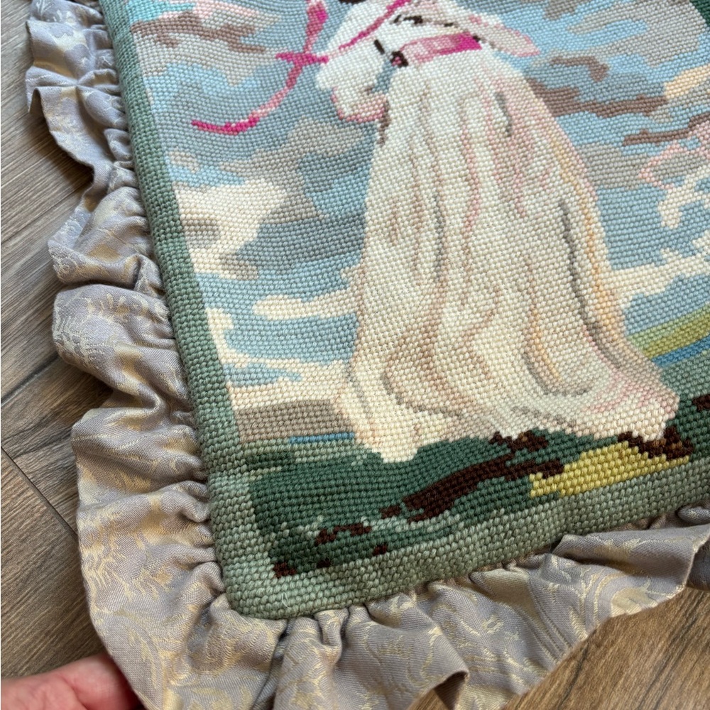 Custom Wool Needlepoint Pillow Cover Sham Grandma Cottagecore Ruffle Trim 20x16” - Picture 3 of 10